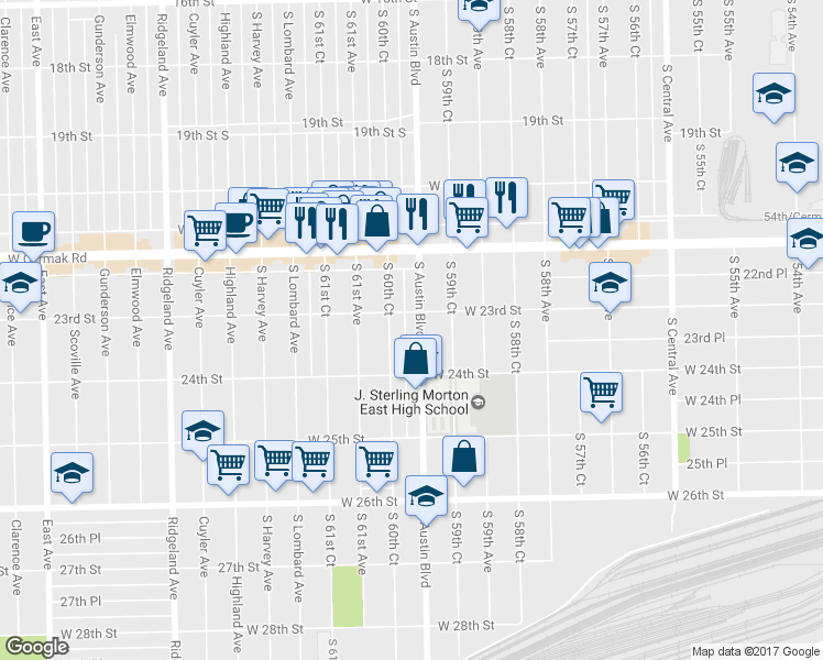 map of restaurants, bars, coffee shops, grocery stores, and more near 2310 South Austin Boulevard in Cicero