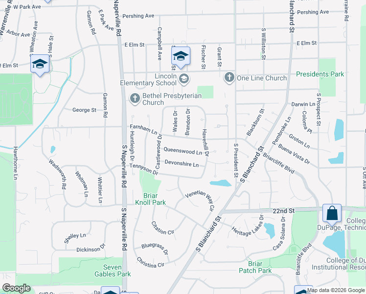 map of restaurants, bars, coffee shops, grocery stores, and more near 649 Queenswood Lane in Wheaton