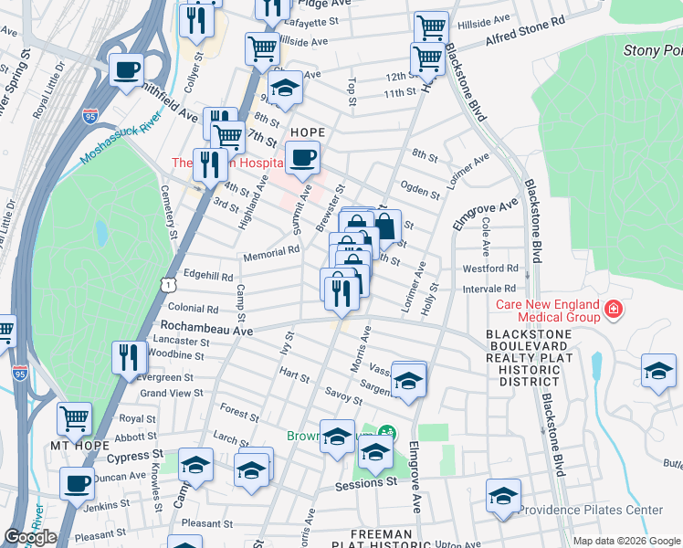 map of restaurants, bars, coffee shops, grocery stores, and more near 784 Hope Street in Providence