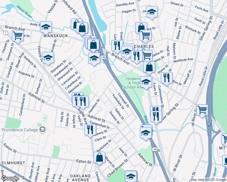 map of restaurants, bars, coffee shops, grocery stores, and more near 152 Cornwall Street in Providence