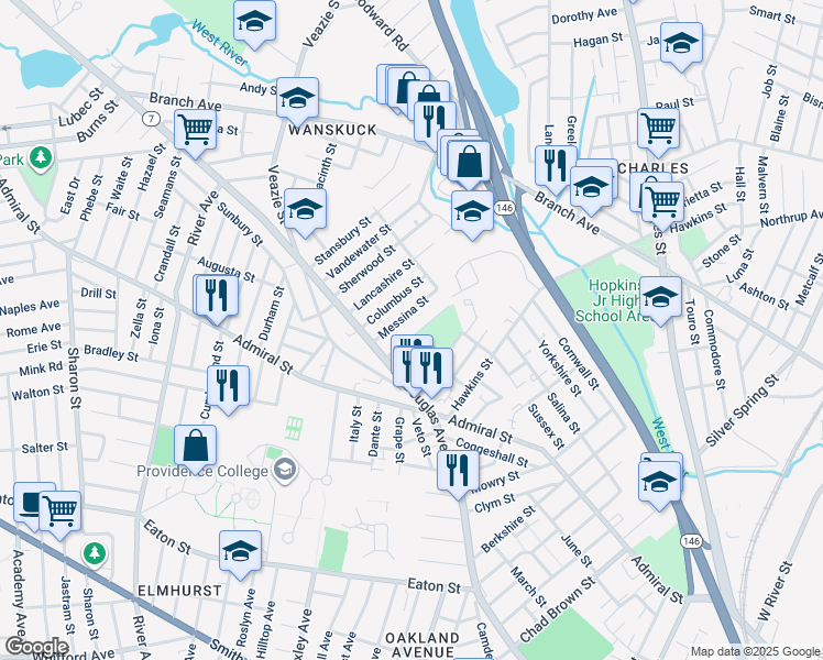 map of restaurants, bars, coffee shops, grocery stores, and more near 38 Virginia Lane in Providence