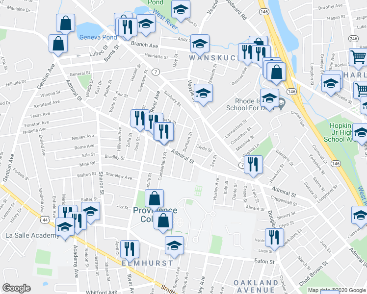 map of restaurants, bars, coffee shops, grocery stores, and more near 105 Devonshire Street in Providence