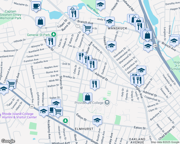 map of restaurants, bars, coffee shops, grocery stores, and more near 626 Admiral Street in Providence