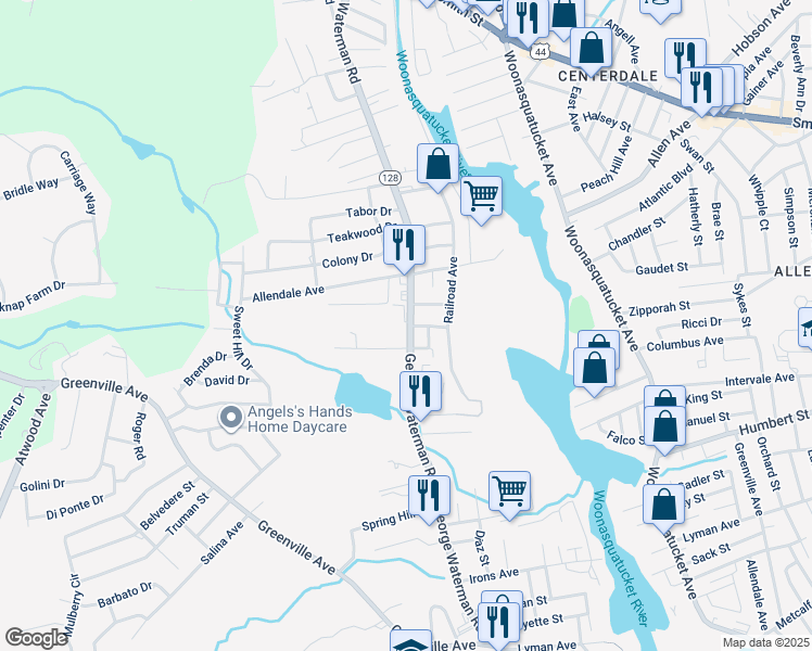 map of restaurants, bars, coffee shops, grocery stores, and more near in Johnston