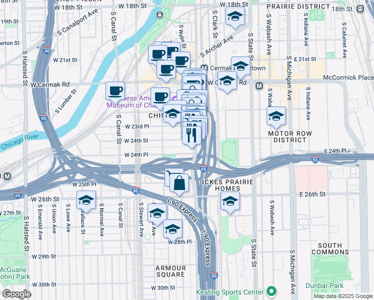 map of restaurants, bars, coffee shops, grocery stores, and more near 226 West 24th Place in Chicago
