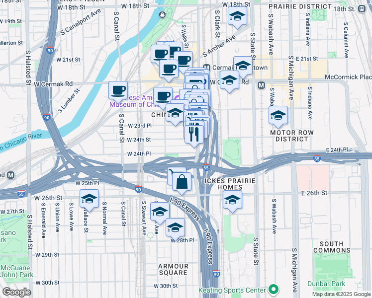 map of restaurants, bars, coffee shops, grocery stores, and more near 226 West 24th Place in Chicago