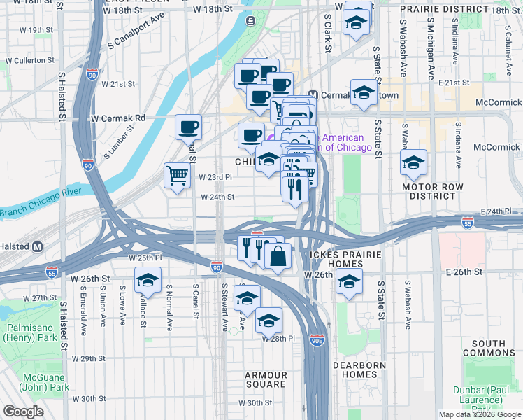 map of restaurants, bars, coffee shops, grocery stores, and more near 266 West 24th Place in Chicago