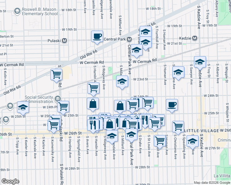 map of restaurants, bars, coffee shops, grocery stores, and more near 2345 South Lawndale Avenue in Chicago
