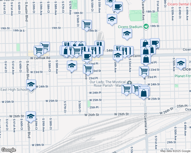 map of restaurants, bars, coffee shops, grocery stores, and more near 5508 23rd Place in Cicero