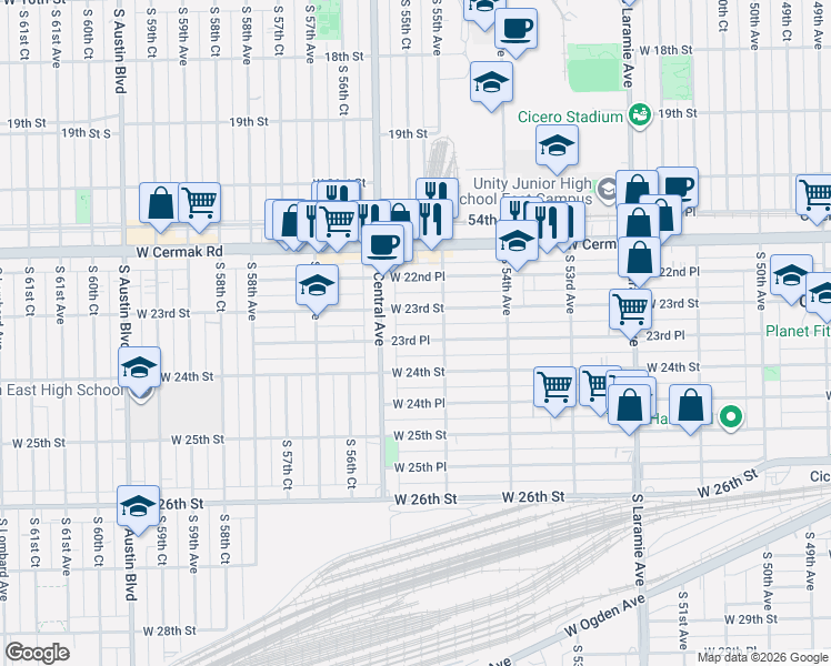 map of restaurants, bars, coffee shops, grocery stores, and more near 5508 23rd Place in Cicero