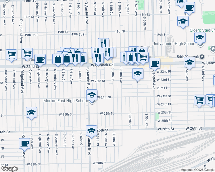 map of restaurants, bars, coffee shops, grocery stores, and more near 2313 South 59th Avenue in Cicero