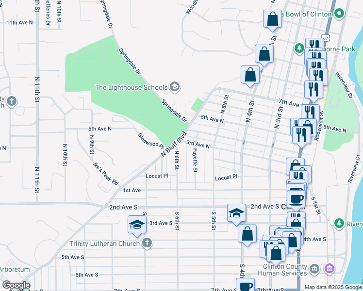 map of restaurants, bars, coffee shops, grocery stores, and more near 561 3rd Avenue North in Clinton