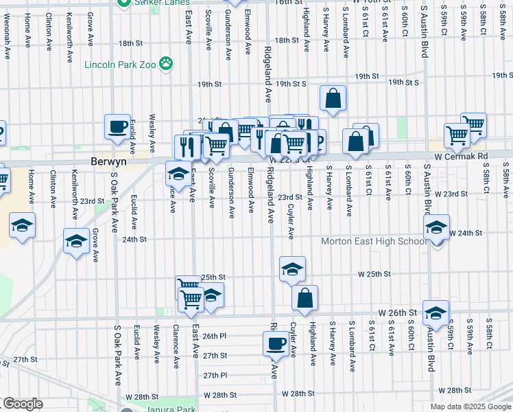 map of restaurants, bars, coffee shops, grocery stores, and more near 2309 Elmwood Avenue in Berwyn
