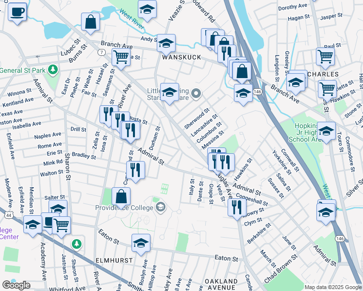 map of restaurants, bars, coffee shops, grocery stores, and more near 121 Veazie Street in Providence