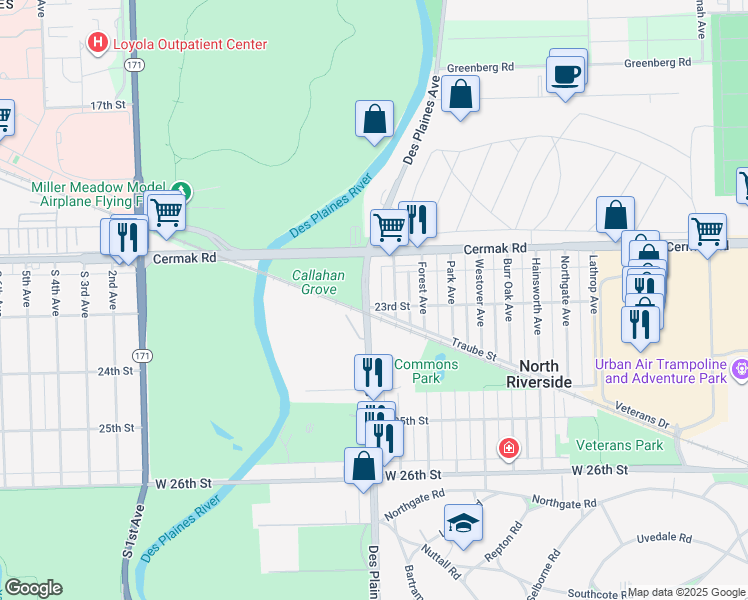 map of restaurants, bars, coffee shops, grocery stores, and more near 2245 Des Plaines Avenue in North Riverside
