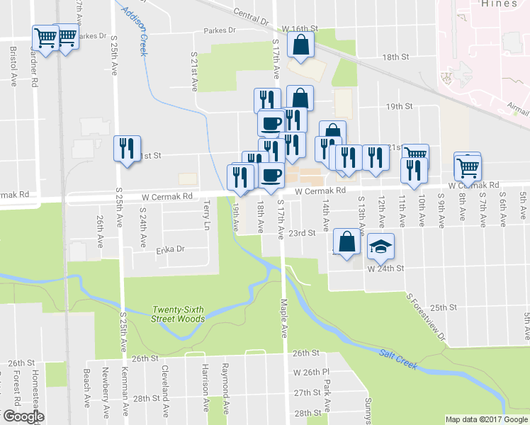 map of restaurants, bars, coffee shops, grocery stores, and more near 2217 18th Avenue in North Riverside