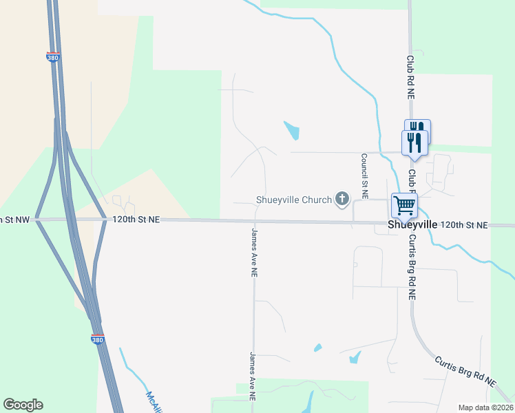 map of restaurants, bars, coffee shops, grocery stores, and more near 1210 Jefferson Court Northeast in Shueyville
