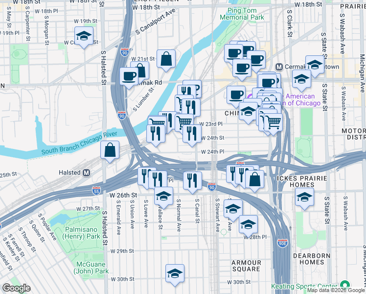 map of restaurants, bars, coffee shops, grocery stores, and more near 2415 South Normal Avenue in Chicago