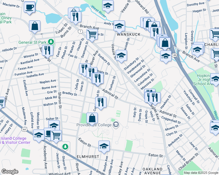 map of restaurants, bars, coffee shops, grocery stores, and more near 22 Durham Street in Providence