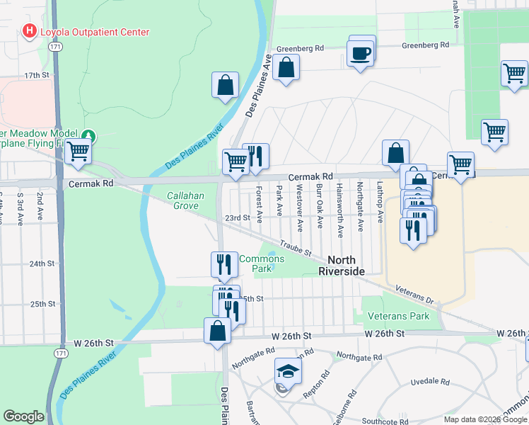 map of restaurants, bars, coffee shops, grocery stores, and more near 2253 Forest Avenue in North Riverside