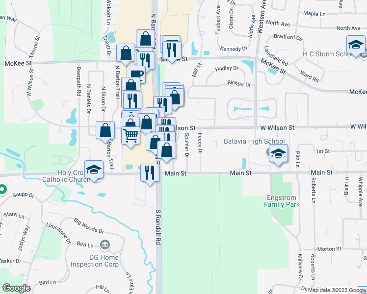 map of restaurants, bars, coffee shops, grocery stores, and more near 49 Spuhler Drive in Batavia