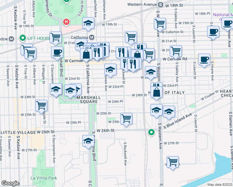 map of restaurants, bars, coffee shops, grocery stores, and more near 2624 West 24th Street in Chicago