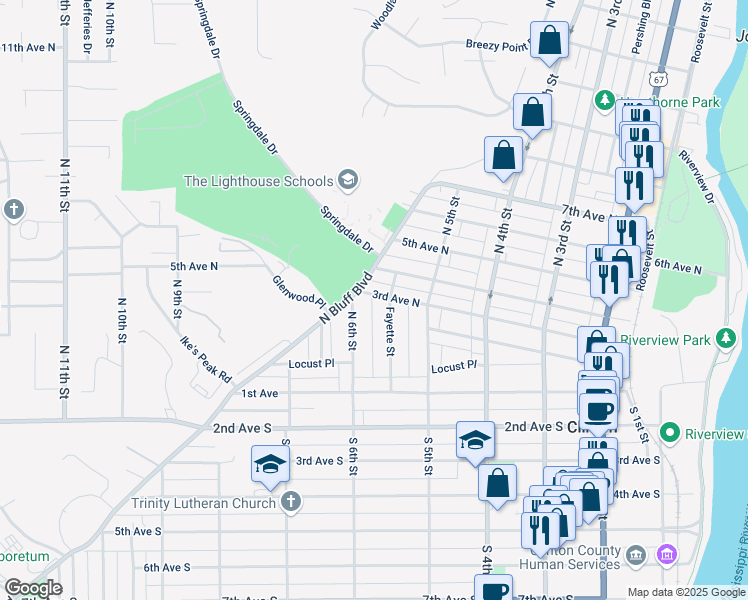 map of restaurants, bars, coffee shops, grocery stores, and more near 561 3rd Avenue North in Clinton