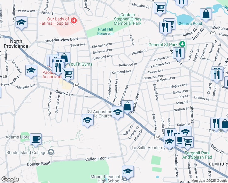 map of restaurants, bars, coffee shops, grocery stores, and more near 50 Brightwood Avenue in Providence