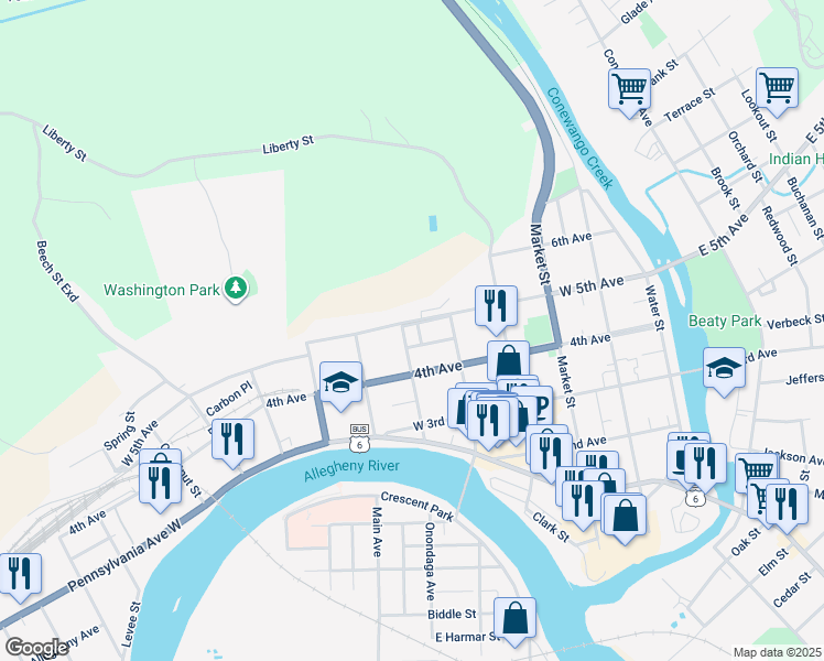 map of restaurants, bars, coffee shops, grocery stores, and more near 420 Poplar Street in Warren