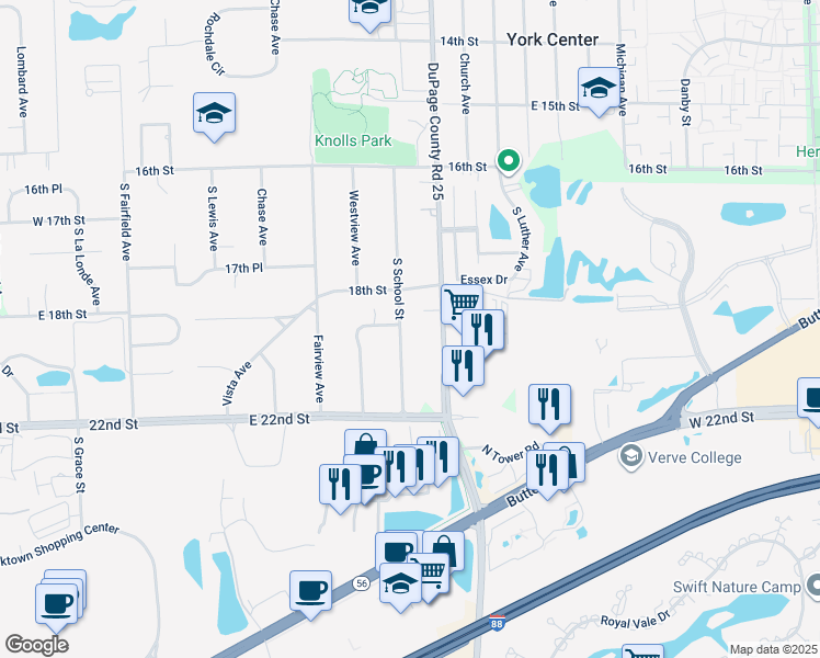 map of restaurants, bars, coffee shops, grocery stores, and more near 1813 South School Street in Lombard