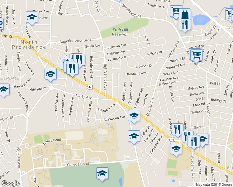 map of restaurants, bars, coffee shops, grocery stores, and more near 16 Peckham Ave in North Providence