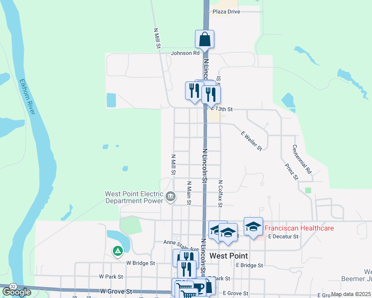 map of restaurants, bars, coffee shops, grocery stores, and more near 1005 North Main Street in West Point