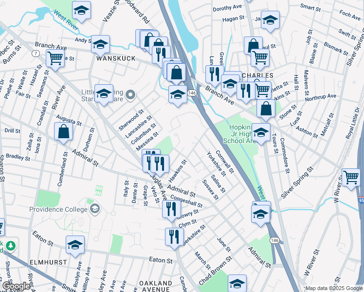 map of restaurants, bars, coffee shops, grocery stores, and more near 58 Anchor Street in Providence