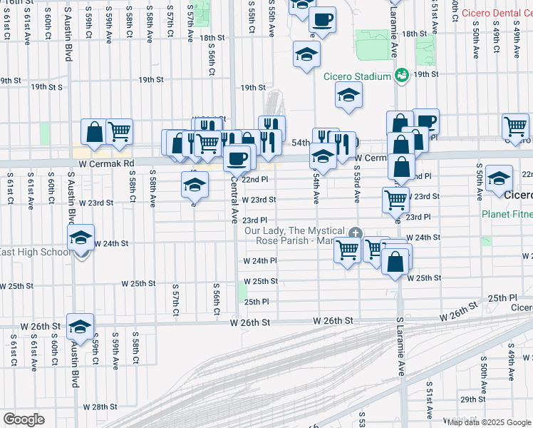map of restaurants, bars, coffee shops, grocery stores, and more near 5508 23rd Place in Cicero