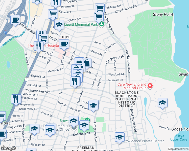 map of restaurants, bars, coffee shops, grocery stores, and more near 56 Lorimer Avenue in Providence