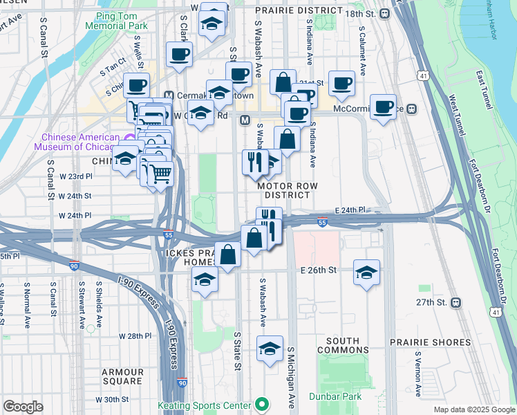 map of restaurants, bars, coffee shops, grocery stores, and more near 2418 South Wabash Avenue in Chicago