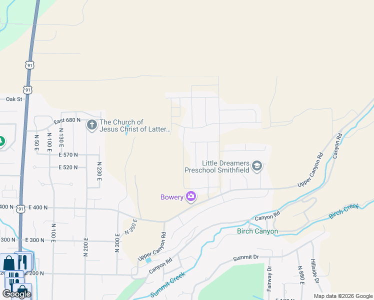 map of restaurants, bars, coffee shops, grocery stores, and more near 604 North 510 East in Smithfield