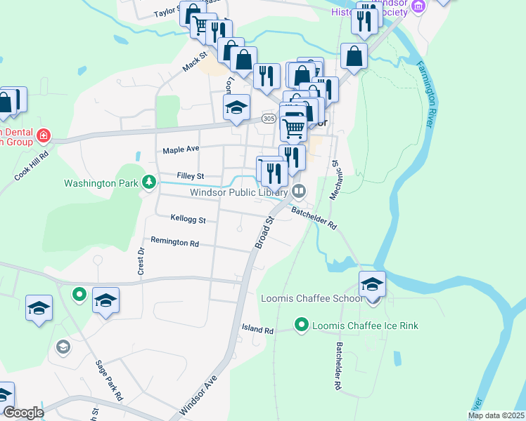 map of restaurants, bars, coffee shops, grocery stores, and more near 354 Broad Street in Windsor