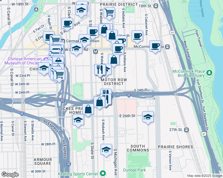 map of restaurants, bars, coffee shops, grocery stores, and more near 2422 South Michigan Avenue in Chicago