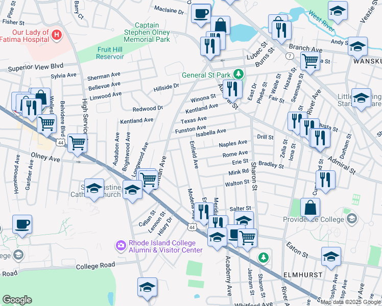 map of restaurants, bars, coffee shops, grocery stores, and more near 182 Enfield Avenue in Providence
