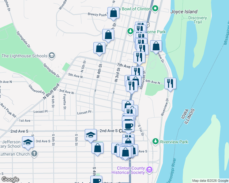 map of restaurants, bars, coffee shops, grocery stores, and more near 415 North 3rd Street in Clinton
