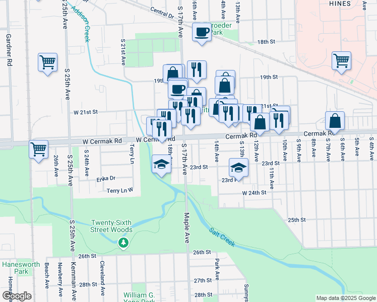 map of restaurants, bars, coffee shops, grocery stores, and more near 2229 South 17th Avenue in North Riverside