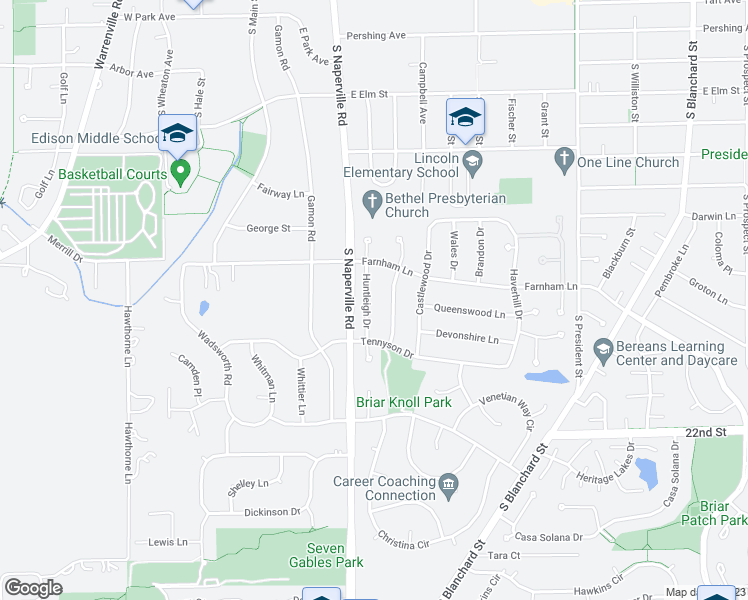 map of restaurants, bars, coffee shops, grocery stores, and more near 1523 Huntleigh Drive in Wheaton