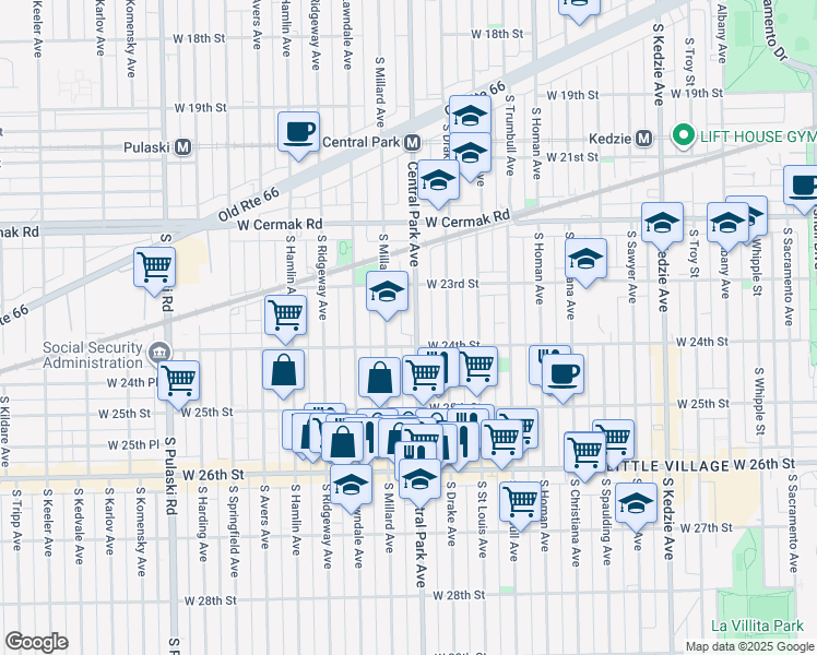 map of restaurants, bars, coffee shops, grocery stores, and more near 2342 South Central Park Avenue in Chicago