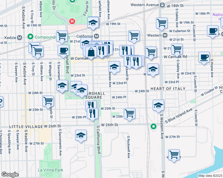map of restaurants, bars, coffee shops, grocery stores, and more near 2658 West 24th Street in Chicago