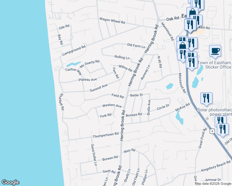 map of restaurants, bars, coffee shops, grocery stores, and more near 70 Field Road in Eastham