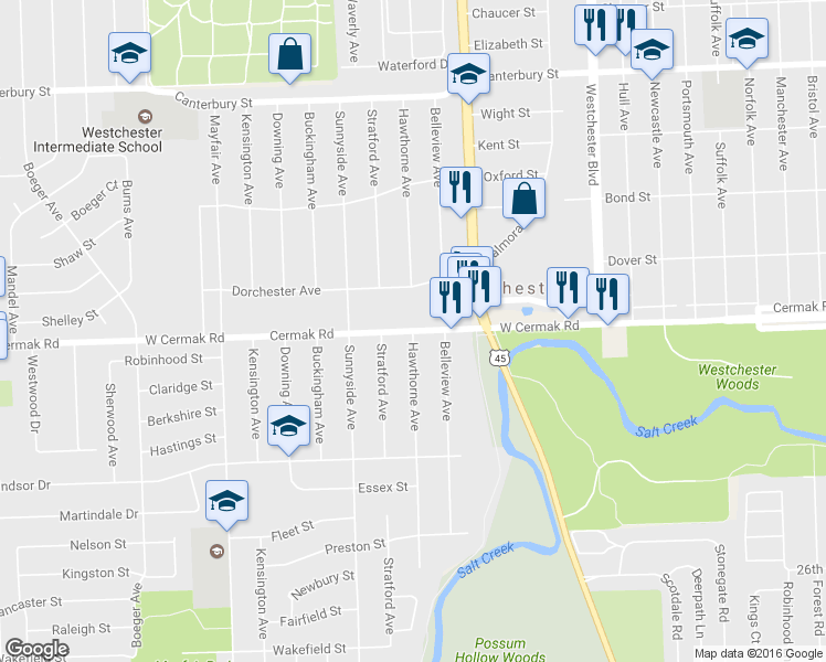 map of restaurants, bars, coffee shops, grocery stores, and more near Hawthorne Avenue in Westchester
