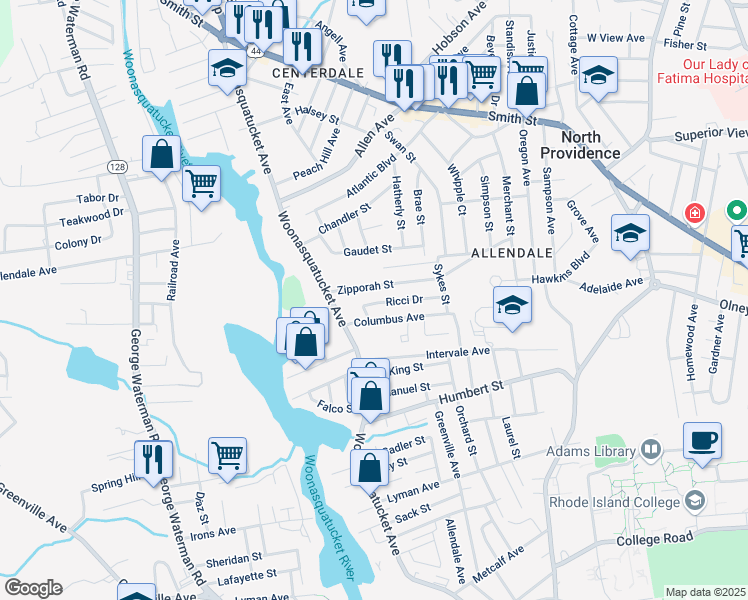 map of restaurants, bars, coffee shops, grocery stores, and more near 4 Ricci Drive in North Providence
