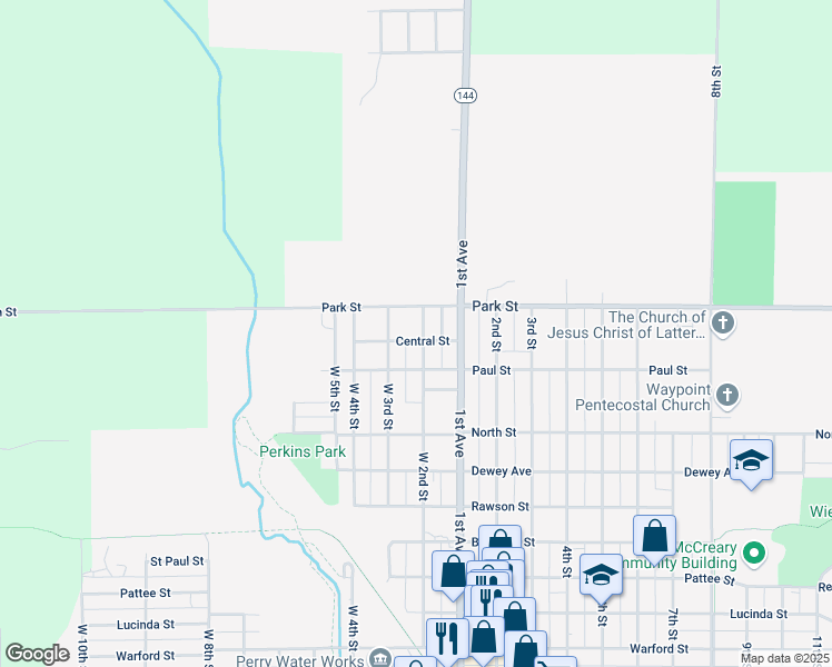 map of restaurants, bars, coffee shops, grocery stores, and more near 924 Central Street in Perry