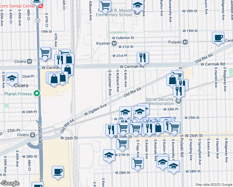 map of restaurants, bars, coffee shops, grocery stores, and more near 2332 South Kirkland Avenue in Chicago